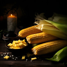 Yellow Cobs, Corn Slices Of Yellow Cheese And A Candle On A Dark Background. Corn As A Dish Of Thanksgiving For The Harvest.