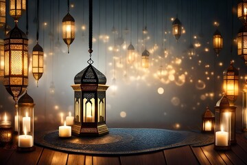 Wall Mural - Colourful Lanterns lit to welcome Ramadan Kareem in Middle Eastern Countries generated by AI