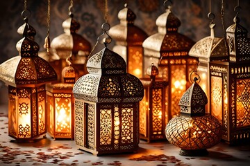 Wall Mural - Colourful Lanterns lit to welcome Ramadan Kareem in Middle Eastern Countries generated by AI