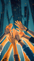 Wall Mural - Working together concept with hands united together in the air, illustration