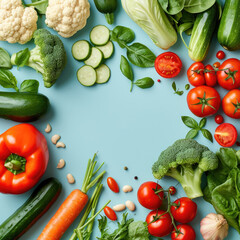 Wall Mural - Healthy vegetables on a pastel color background, top view