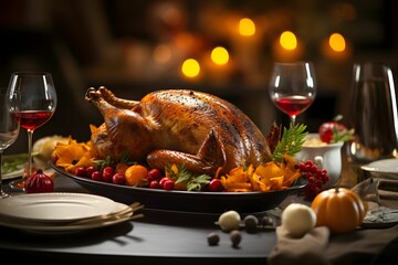 Wall Mural - Roast turkey on the table around wine glasses plates pumpkins, smudged background. Turkey as the main dish of thanksgiving for the harvest.