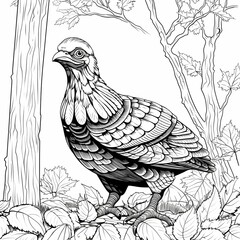 Wall Mural - Small turkey standing on the leaves around the tree black and white coloring book. Turkey as the main dish of thanksgiving for the harvest.