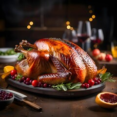Wall Mural - Roast turkey decorated with apples grapes around wine glasses. Turkey as the main dish of thanksgiving for the harvest.