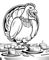 Wall Mural - Black and white coloring book, big smiling turkey standing on the table. Turkey as the main dish of thanksgiving for the harvest.