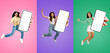 © Prostock-studio - Online Offer. Cheerful Young Women Jumping With Big Blank Smartphones In Hands