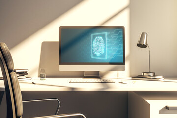 Wall Mural - Abstract creative fingerprint hologram on modern computer monitor, protection of personal information concept. 3D Rendering