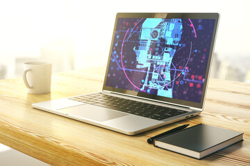 Wall Mural - modern computer screen with creative human head microcircuit. future technology and ai concept. 3d r