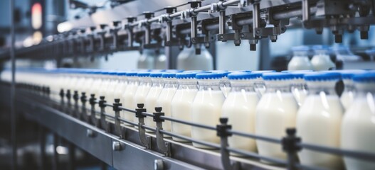 Automated dairy production line for processing and bottling milk. Industrial technology.