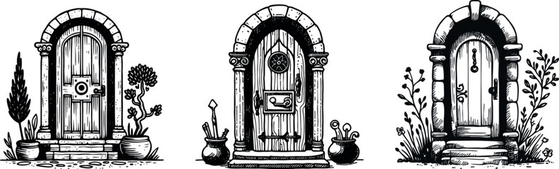 An old door, hand-drawn with a pen, without a background 