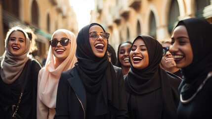 Wall Mural - A group of beautiful and stylish Muslim girls on a city street.