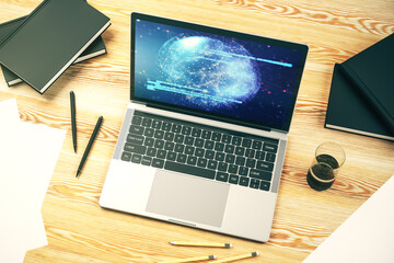 Wall Mural - modern computer screen with abstract creative coding sketch and world map, artificial intelligence a
