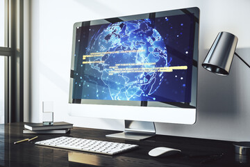 Wall Mural - abstract creative coding concept with world map on modern laptop screen. 3d rendering