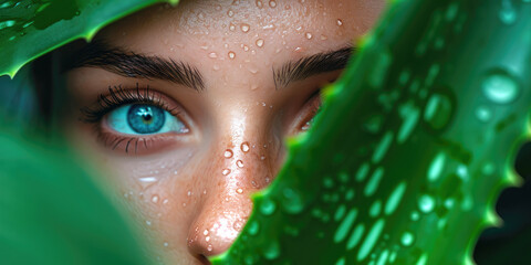 Wall Mural - Young beautiful womans face behind aloe vera plant with water drops