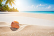 © Giuseppe Cammino - Sand beach with shell, blurred of tropical beach with palm tree calm sea and sky, summer vacation background concept