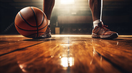 Basketball player feet and ball, view from the ground