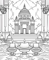 Wall Mural - Black and White coloring page; synagogue and burning candles in front of its entrance. Hanukkah as a traditional Jewish holiday.