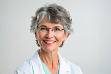 Portrait Of Smiling Mature Female Doctor In White Coat Looking At Camera. Happy Female Doctor In Hospital. Portrait Of Senior Woman Doctor Wearing Glasses And Uniform Stand Isolated On Grey Studio 