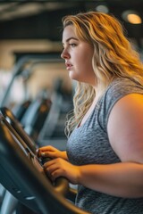 Sticker - A woman using a treadmill in a gym. This image can be used to depict fitness, exercise, and a healthy lifestyle