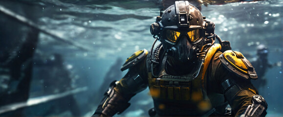 cyborg soldier fighting in underwater in ocean zone using weapon underwater conquer the seas with battleships, warships, and frigates in an epic battle of the oceans