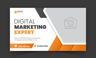 Corporate creative YouTube thumbnail and social media cover design, digital marketing agency live video streaming for business promotion on abstract orange colorful shapes and white background