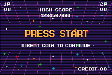 Wall Mural - press start insert a coin to continue. pixel art .8 bit game. retro game. for game assets in vector 