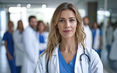 Wall Mural - Doctor woman standing in front of other doctors, space for copy