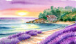 Watercolor Art Painting: Secluded Beach Hideaway Peacefully at Sunrise