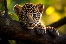 A Baby Jaguar Resting Under The Shade Of A Tree In A Tropical Forest.