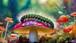 fly mushroom in autumn.a visually mesmerizing artwork featuring a hyper-realistic and fuzzy cute caterpillar perched on a psychedelic mushroom. Pay close attention to details, ensuring the vibrant col