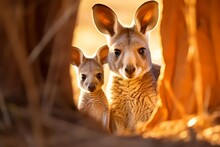 A Baby Kangaroo Peeking Out From Its Mother's Pouch In A Sunny Outback.