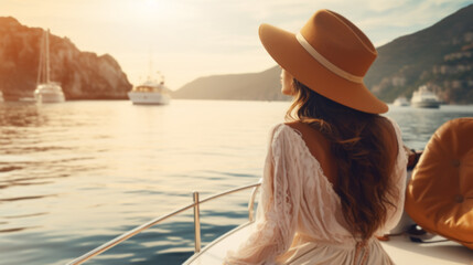 Beautiful young woman in hat and white dress relaxing on luxury yacht. Traveling and yachting concept.