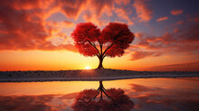 Tree Of Love. Romantic Heart Shape Tree On Sunset Sky