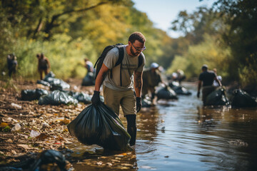 A group of young activists participating in a river cleanup, demonstrating the modern generation's commitment to environmental stewardship.