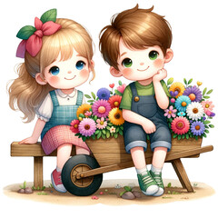 Wall Mural - cute boy and girl with wheelbarrow flowers