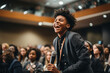 A diverse group of modern youth engaged in a public speaking event, addressing social issues, activism, and community involvement, showcasing their passion for positive change.