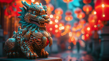 Dragon Stronger Stone Or Jade Lamp China Line Beautiful Walkway Holiday Focus Stacking, 3d Rendering Illustration Background For Happy Chinese New Year 2024 The Dragon Zodiac Sign With Red And Gold 