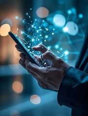 Entrepreneur using mobile device for promoting on social platforms and virtual promotions. Digital representation of information exchange and connection. Remote work and Physical Distancing.