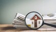 miniature house with magnifying glass on desk with newspapers home searching concept real estate loan illustration