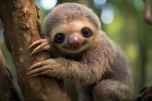 A Baby Sloth Hanging From A Tree Branch, Looking Content And Sleepy.