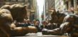 large bronze bear and bull are arm wrestling on a table in the middle of Wall Street, surrounded by cheering businessmen in suits