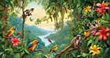 Fototapeta Dziecięca - An image of a lush tropical rainforest canopy teeming with life. Show a diverse array of vibrant plant species, with monkeys swinging from branches and colorful birds darting - AI Generative - Generat