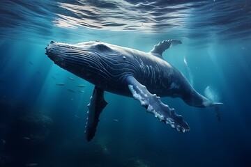 A breathtaking underwater shot of a majestic humpback whale gliding gracefully through the ocean depths.