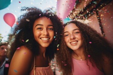 Wall Mural - girls at a party posing for the camera with confetti and a summer vibe