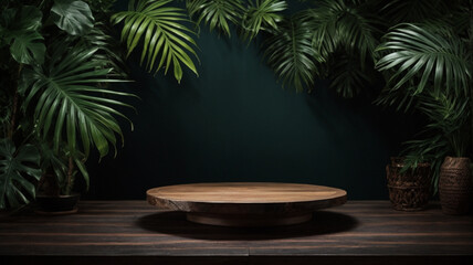 Wall Mural - empty round wooden table and tropical leaves on dark background. for product display. high quality p