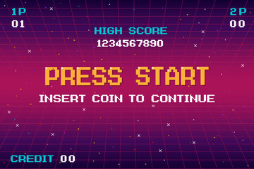 Wall Mural - PRESS START INSERT A COIN TO CONTINUE. pixel art .8 bit game. retro game. for game assets in vector illustrations.