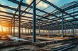 Construction site of a steel structure building at sunset
