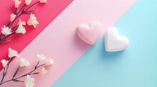 White And Pink Heart On A Background Of Three Stripes Of Red, Pink And Blue, The Basis For Creating Greeting Cards For Valentine's Day, Birthday And Wedding