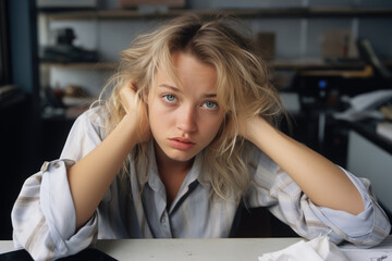 Blonde young woman feeling overwhelmed at work, looking stressed with papers on a desk. Stress management.Coping with stress.Emotional distress.Stress Awareness Day. World mental health day.