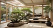 An image of a serene conservatory incorporating a Zen garden with bonsai trees, a koi pond, bamboo screens, and floor-to-ceiling windows allowing abundant natural light - Generative AI